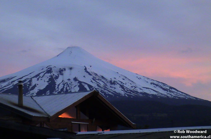 The Villarrica Volcano at dusk as seen from Pucón