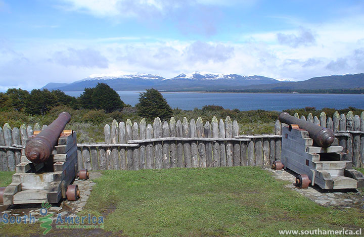 Two cannons with a view at Bulnes Fort near Punta Arenas, Chile