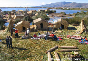 Reed houses on the floating islands of Lake Titicaca