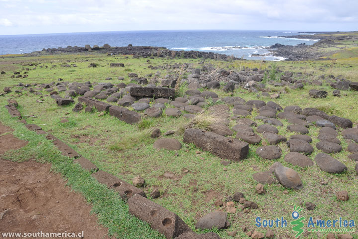 The remains of a Hare Vaka or Boat-house at Ahu Akahanga on Easter Island