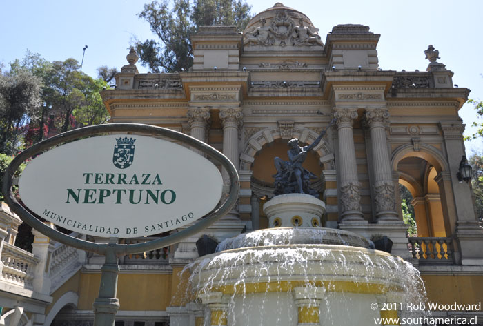 The Terraza Neptuno sign and the fountain at Cerro Santa Lucía in Santiago Chile
